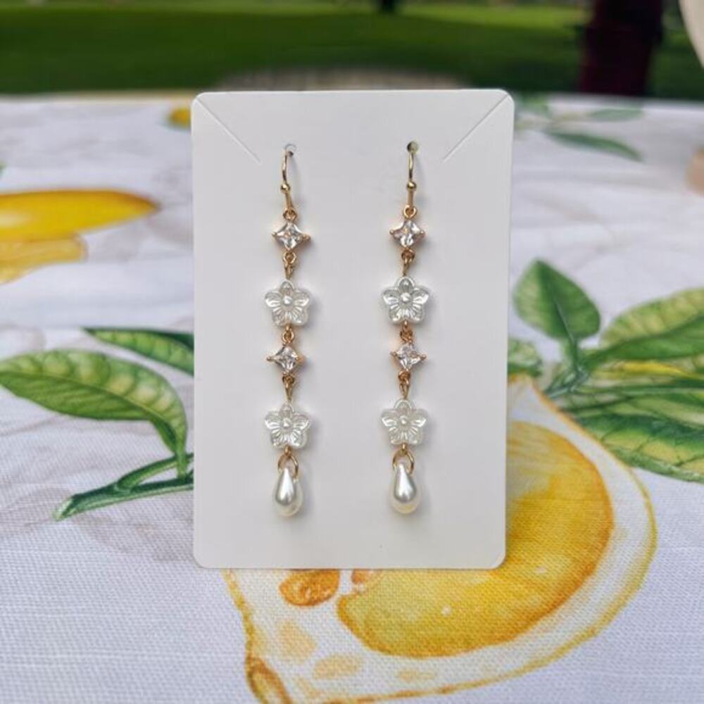 Pearl White Diamond Crystal Glass Floral Czech Long Romantic Sweet Fun Earrings